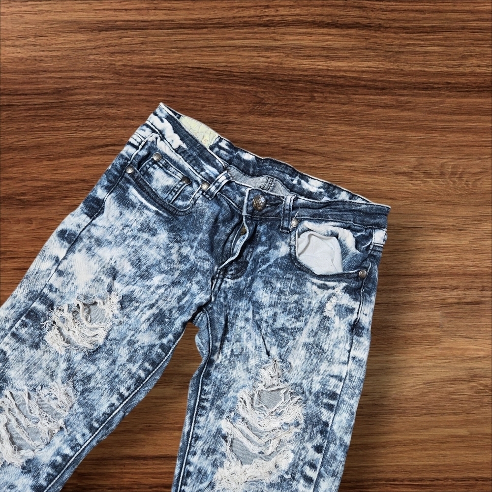 Machine Denim Disressed Acid Washed Ultra Low Rise Jeans - Picture 2 of 7